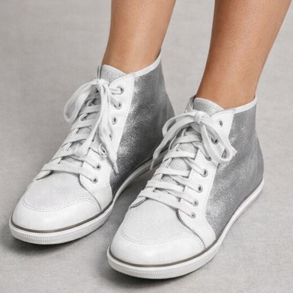 Elie Tahari High Top Sneakers 8 Silver Metallic White Leather - Picture 11 of 11